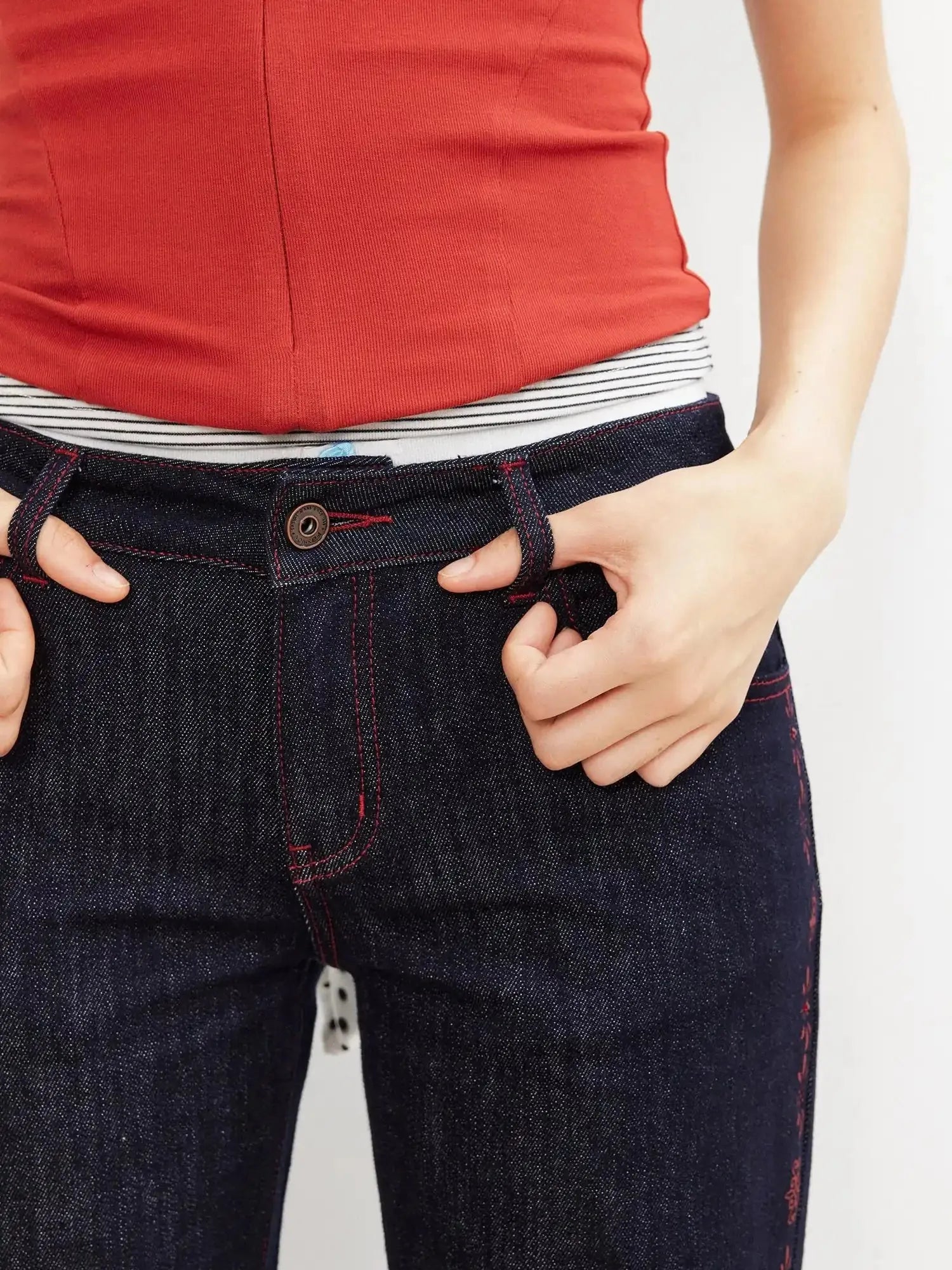 Vintage Red Stripe Rhinestone Print Low Rise Straight Jeans