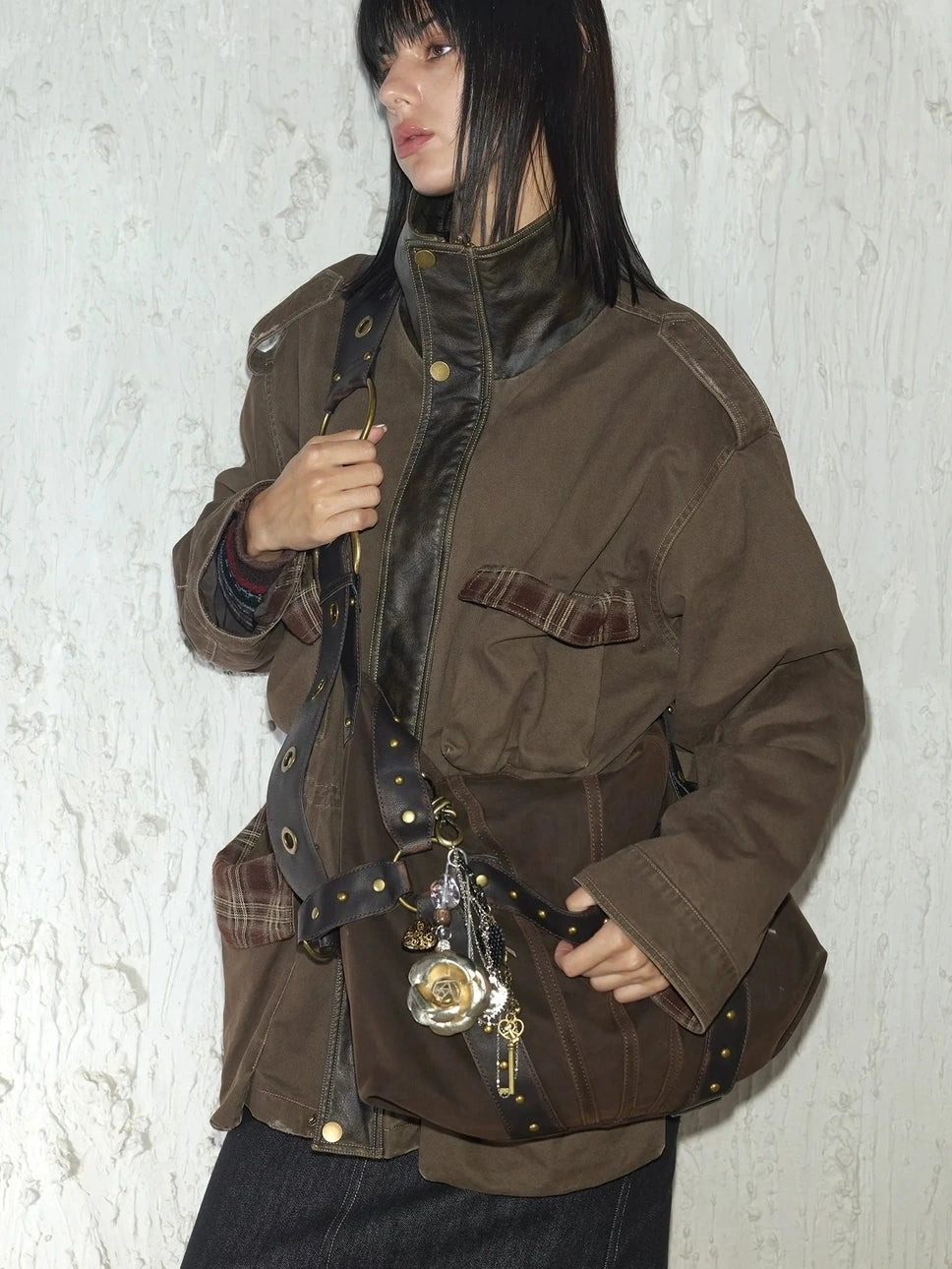 2th Desire Vintage Rivet Studded Crossbody Bag With Wide Strap