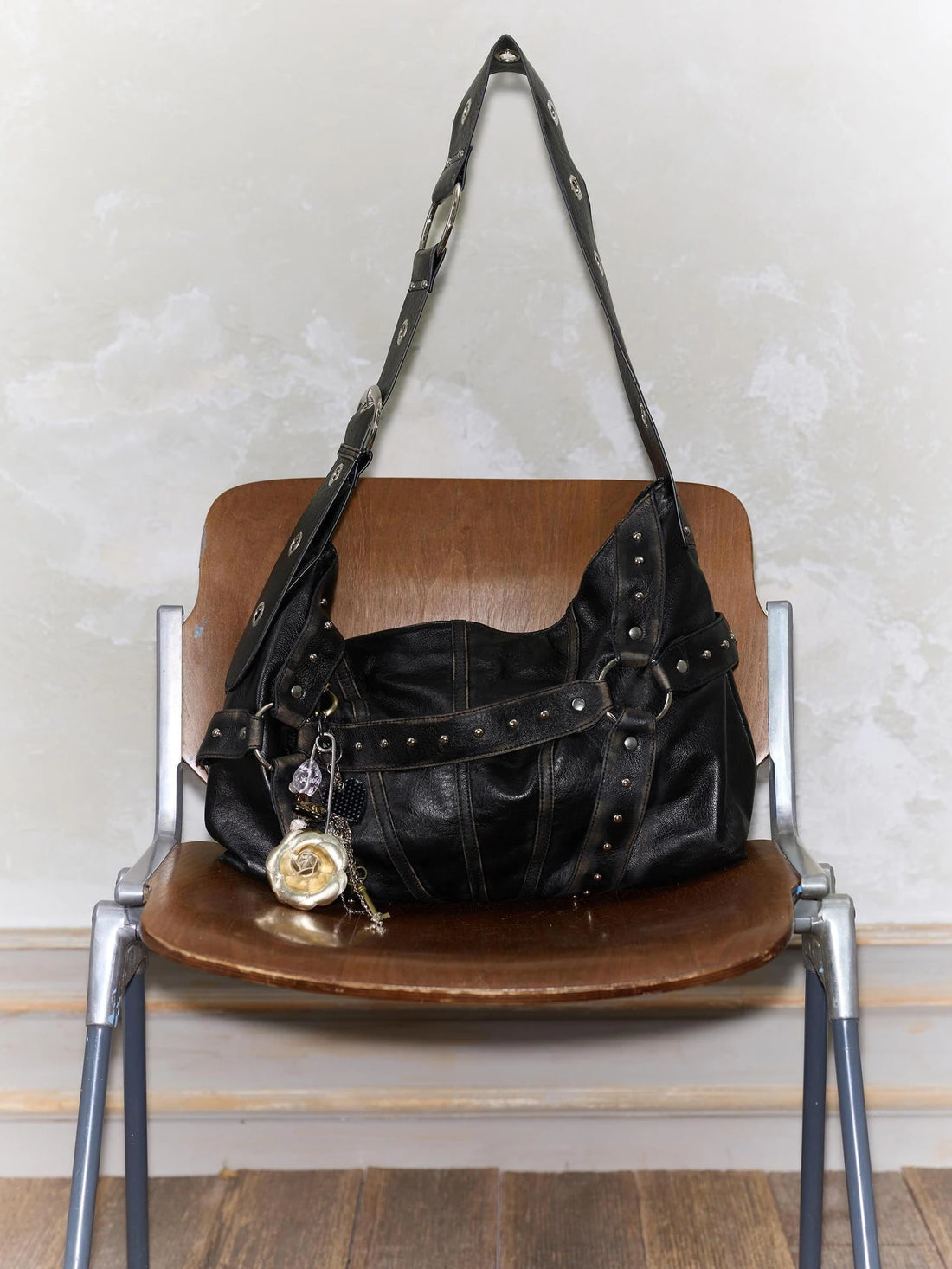 2th Desire Vintage Rivet Studded Crossbody Bag With Wide Strap