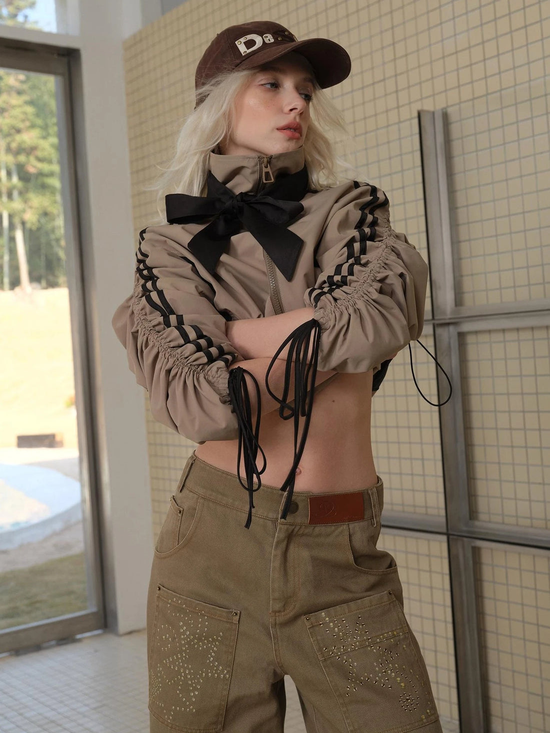 Vintage Satin Trim Bow Tie Jacket With Adjustable Drawstrings