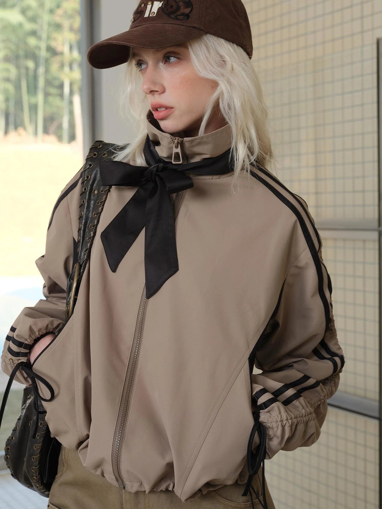 Vintage Satin Trim Bow Tie Jacket With Adjustable Drawstrings
