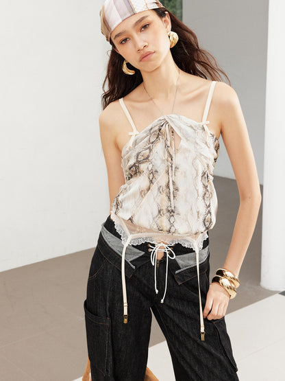 2th Desire Vintage Snake Print Ruffle Tie Up Crop Top