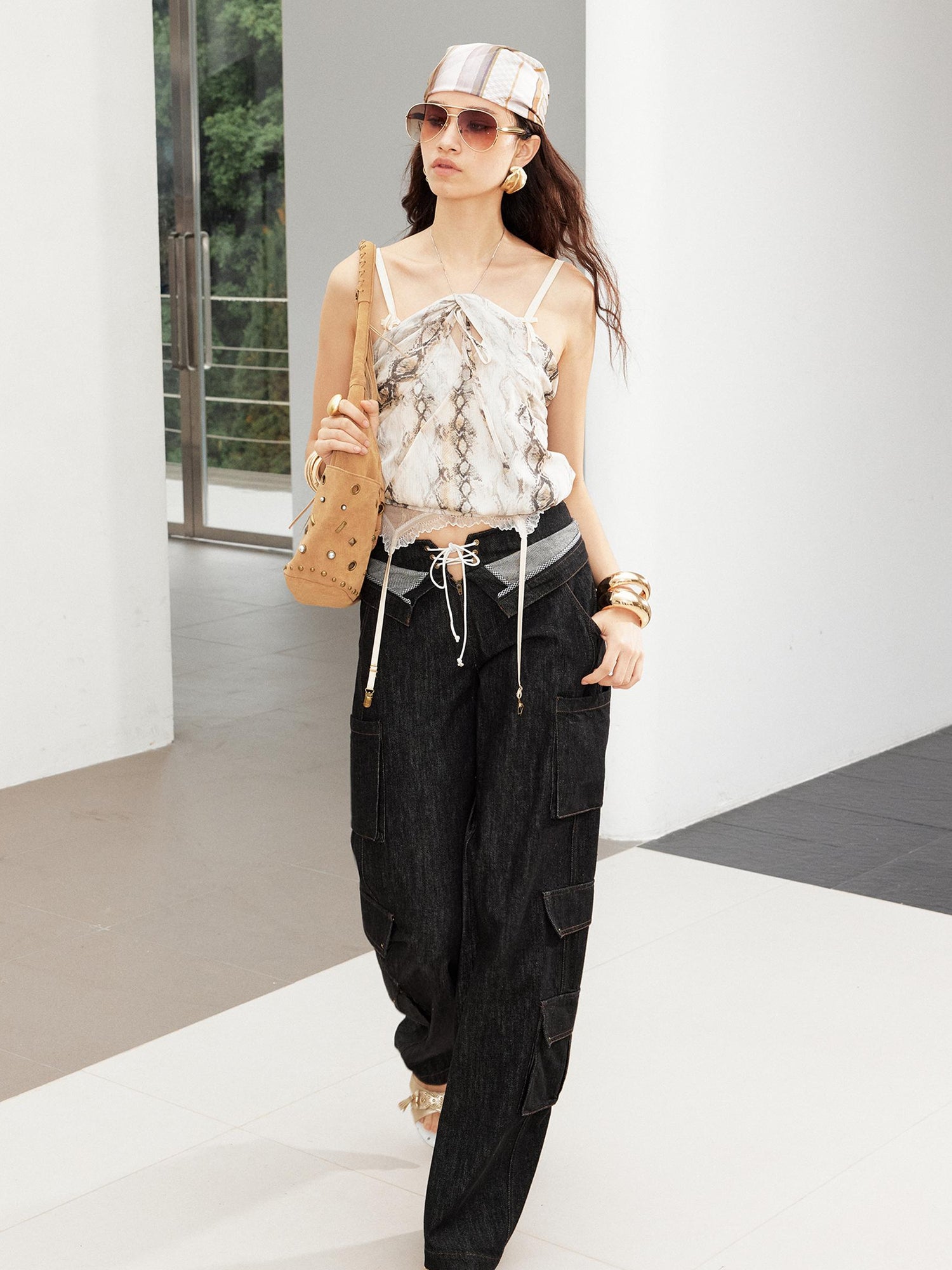 2th Desire Vintage Snake Print Ruffle Tie Up Crop Top