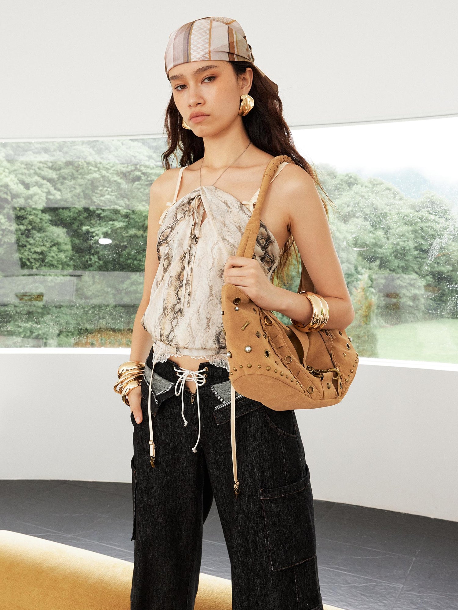 2th Desire Vintage Snake Print Ruffle Tie Up Crop Top