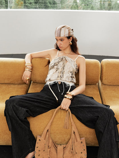 2th Desire Vintage Snake Print Ruffle Tie Up Crop Top