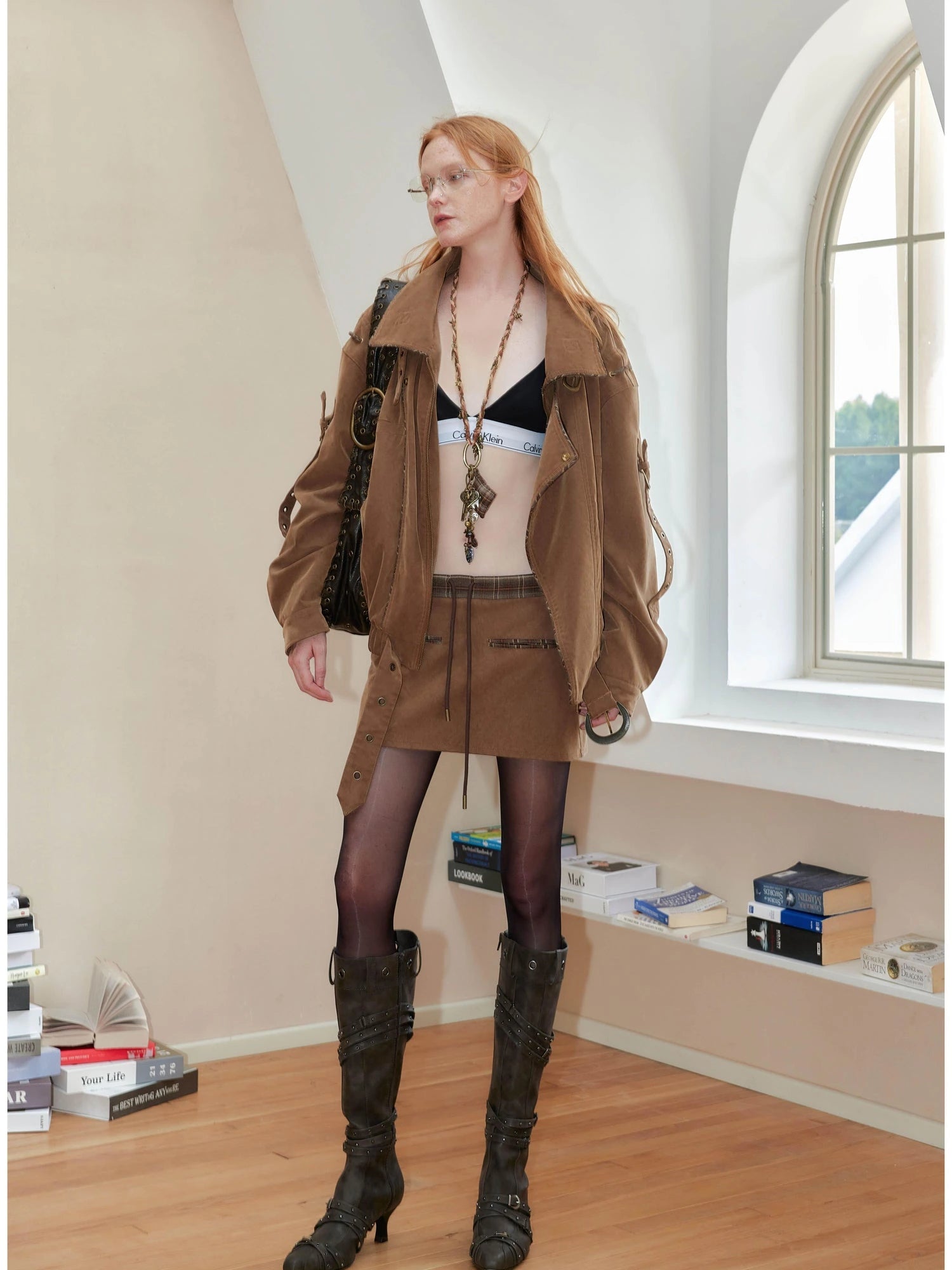 Vintage Suede Leather Reversible Plaid Jacket Skirt Set