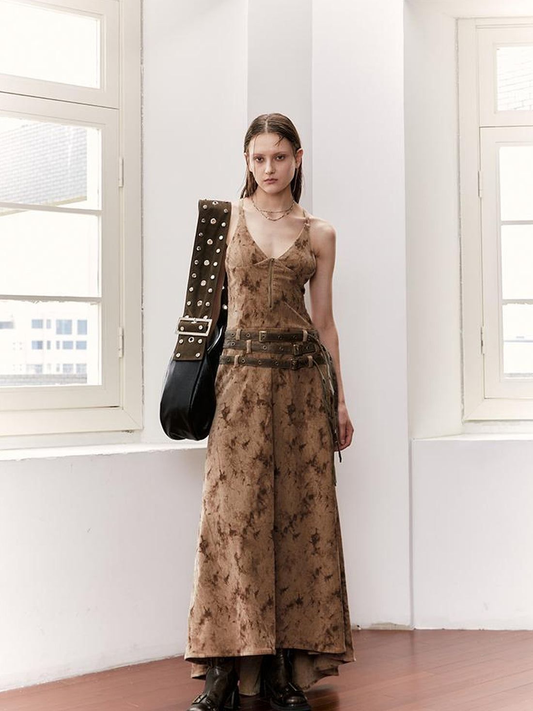 2th Desire Vintage Velvet Sleeveless Long Dress With Multi Waist Belts