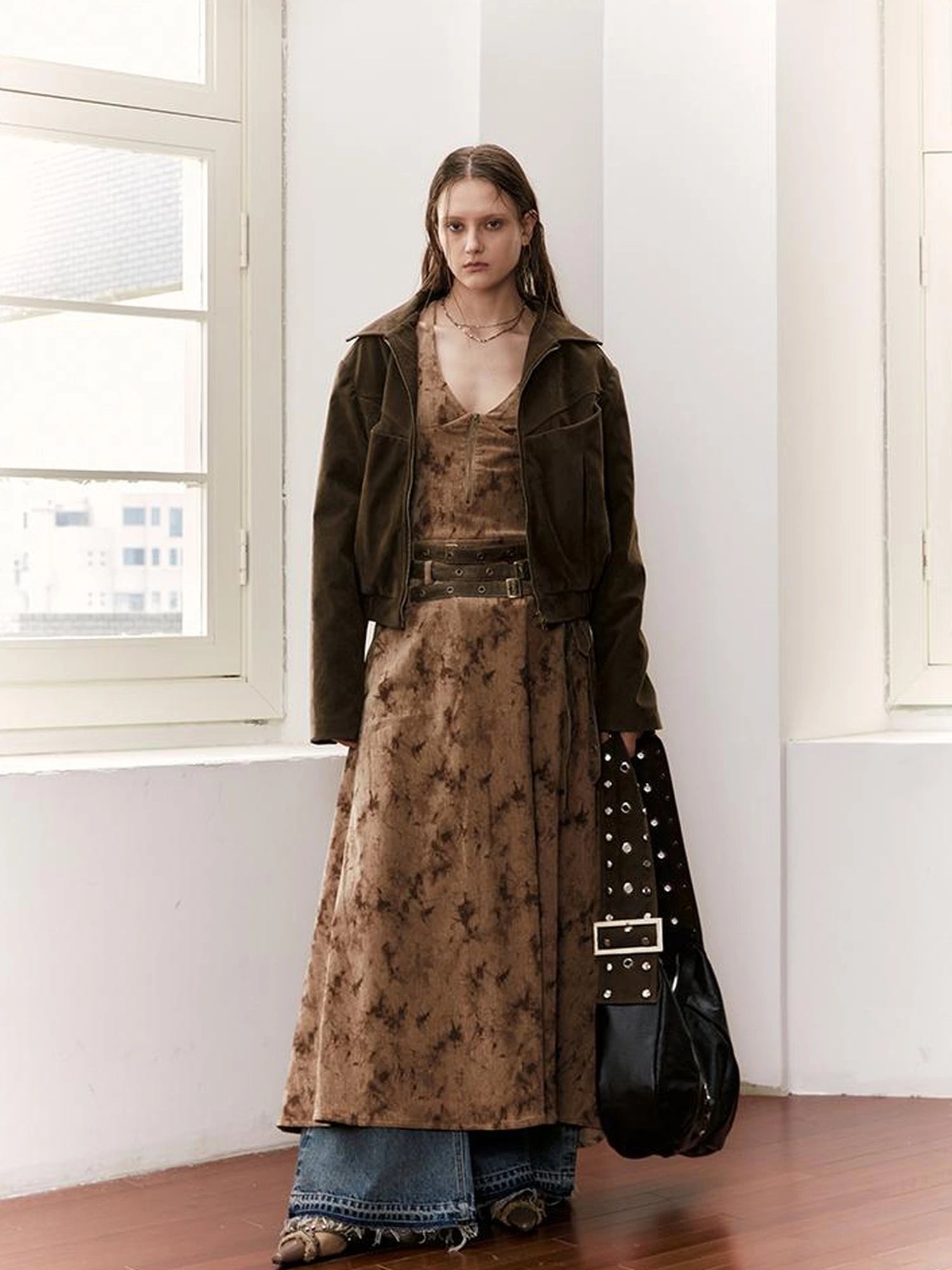 Vintage Velvet Sleeveless Long Dress With Multi Waist Belts