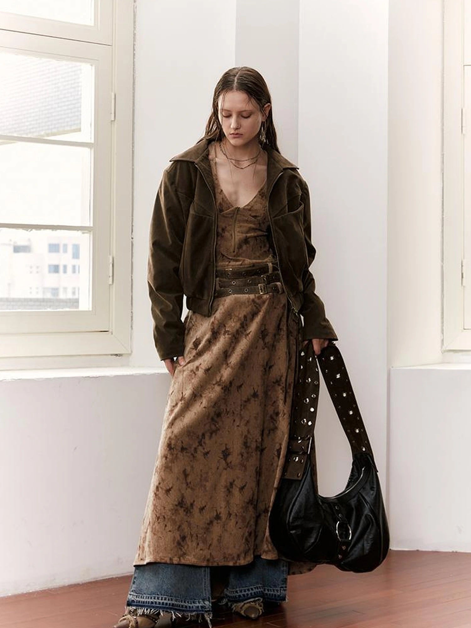 Vintage Velvet Sleeveless Long Dress With Multi Waist Belts