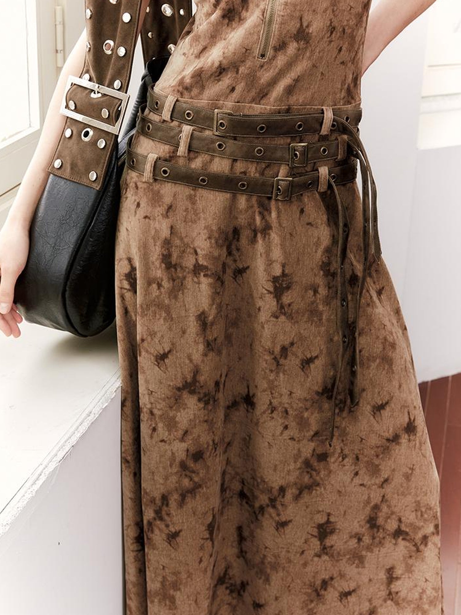 2th Desire Vintage Velvet Sleeveless Long Dress With Multi Waist Belts