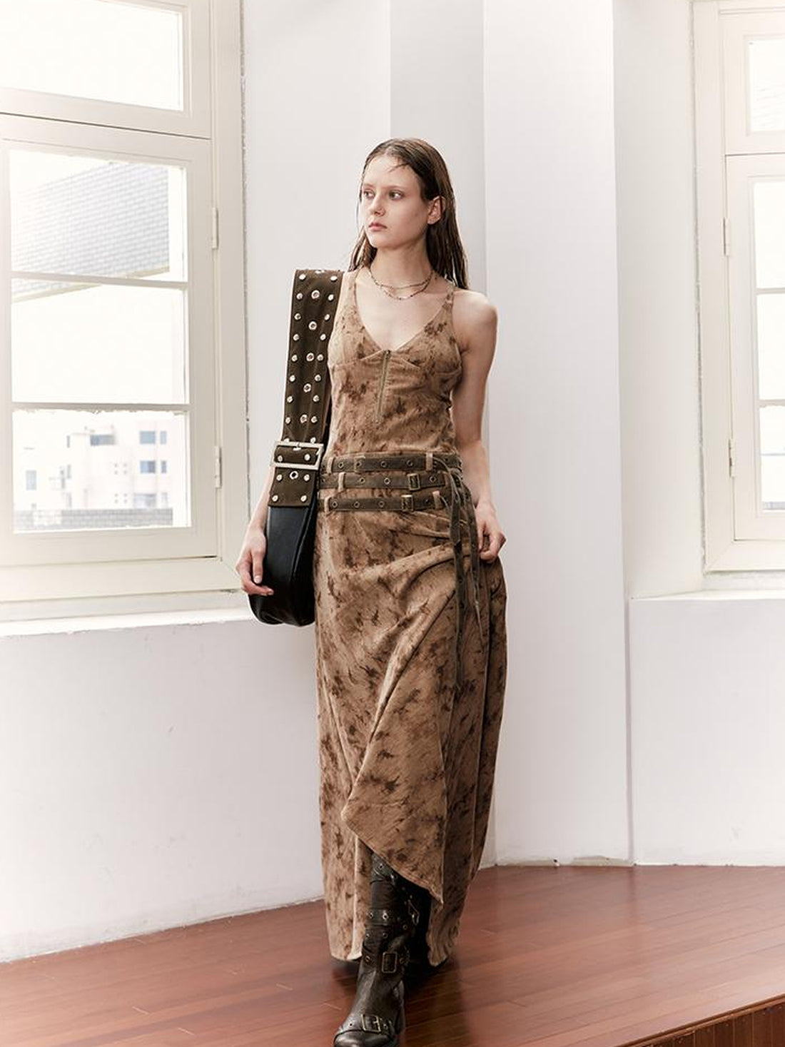 2th Desire Vintage Velvet Sleeveless Long Dress With Multi Waist Belts