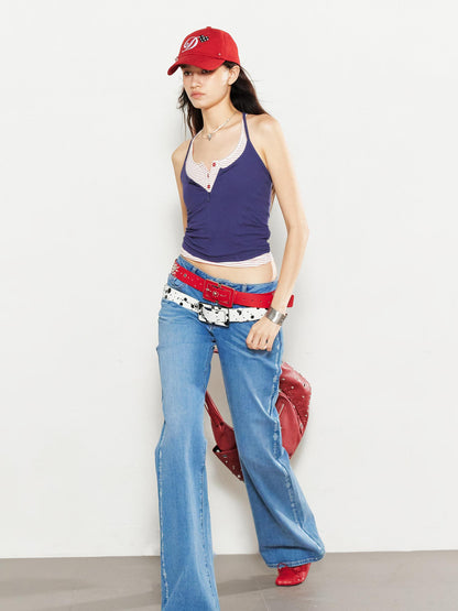 2th Desire Vintage Wash Low Rise Slim Straight Jeans With Rhinestone Details