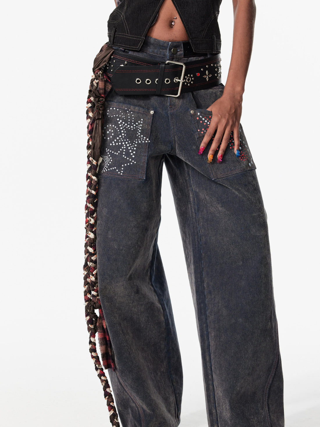 2th Desire Vintage Wash Star Print Flare Jeans For Women