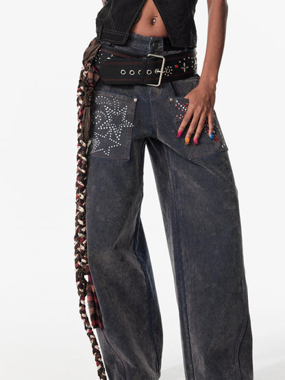 2th Desire Vintage Wash Star Print Flare Jeans For Women