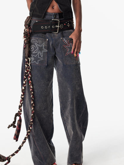 2th Desire Vintage Wash Star Print Flare Jeans For Women