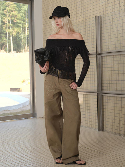 2th Desire Vintage Wash Star Print Flare Jeans For Women