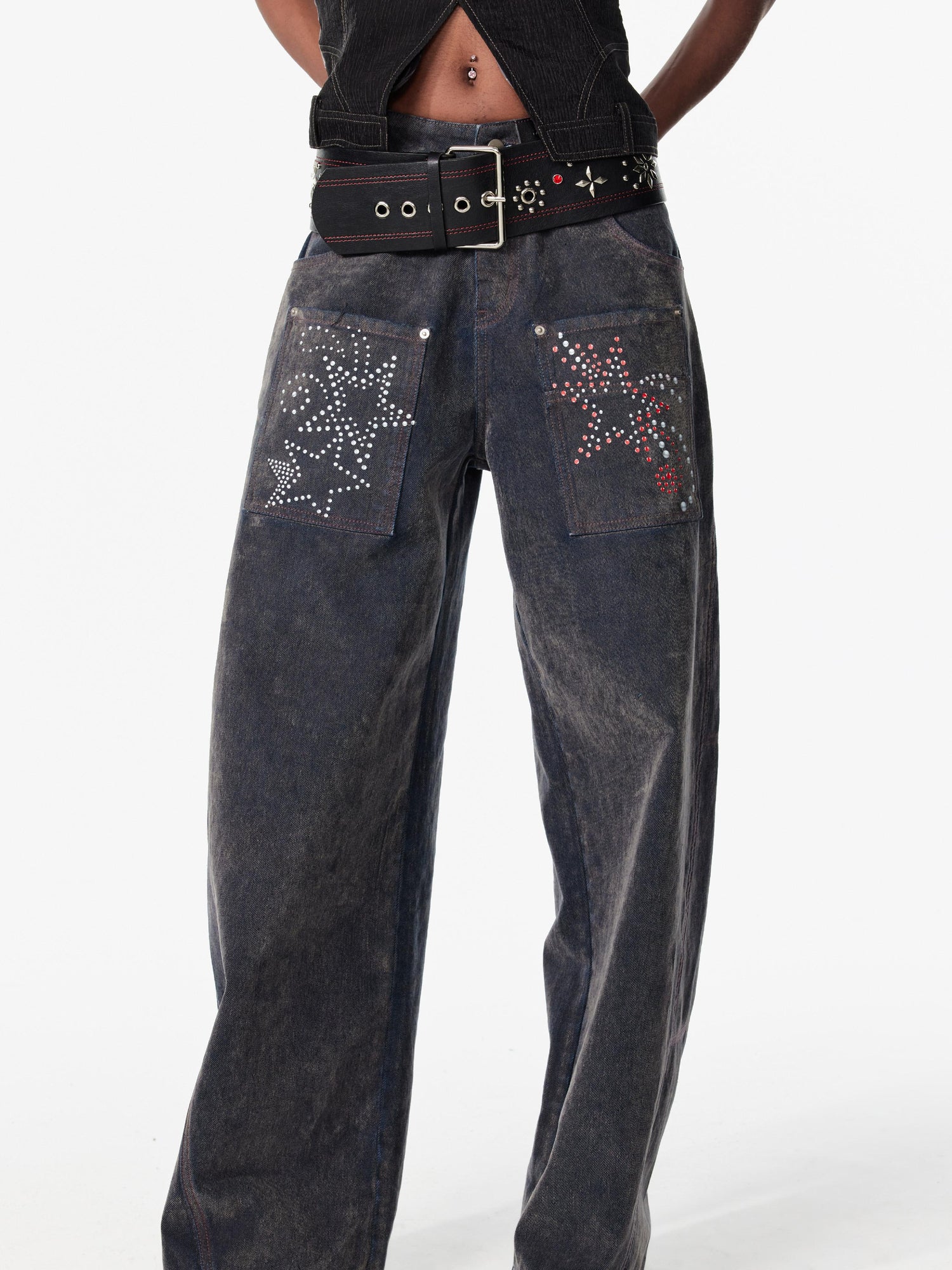2th Desire Vintage Wash Star Print Flare Jeans For Women