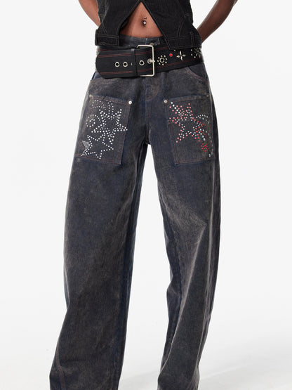 2th Desire Vintage Wash Star Print Flare Jeans For Women
