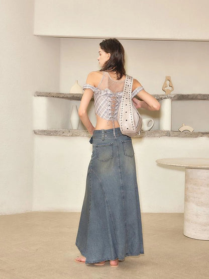 Vintage Washed Blue Denim Mermaid Maxi Skirt with Belt