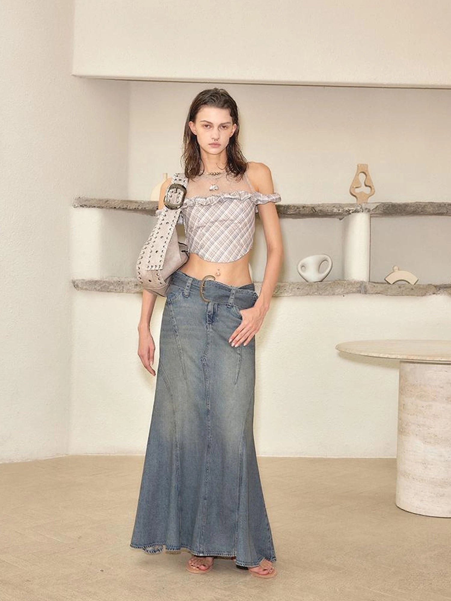 Vintage Washed Blue Denim Mermaid Maxi Skirt with Belt