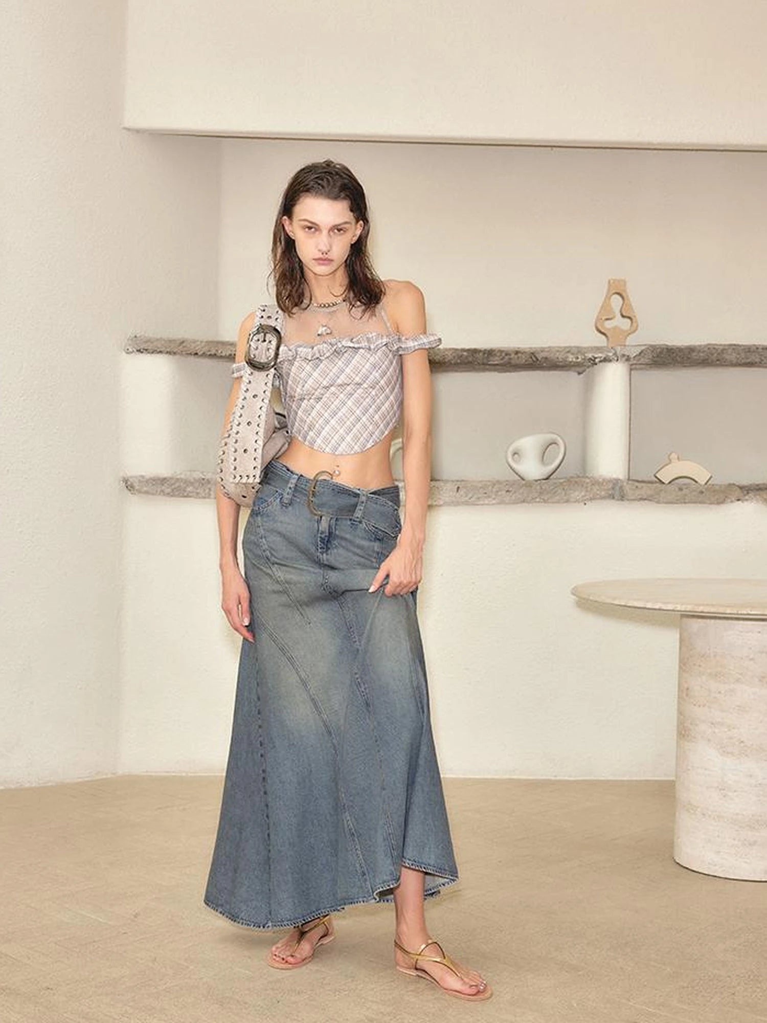 Vintage Washed Blue Denim Mermaid Maxi Skirt with Belt