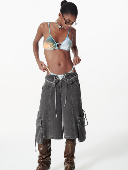 2th Desire Vintage Washed Deconstructed Camo Cargo Shorts With Bow Detail