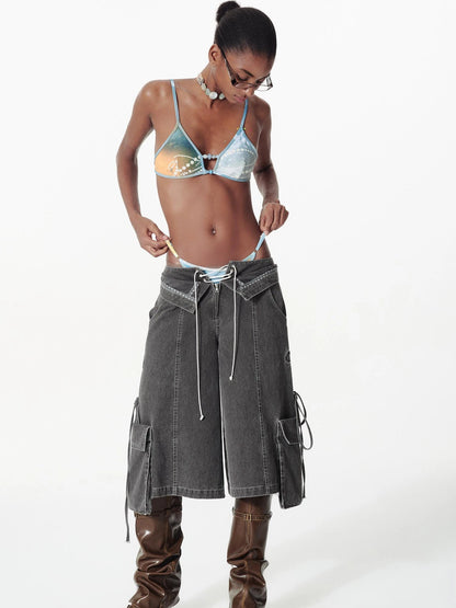 Vintage Washed Deconstructed Camo Cargo Shorts With Bow Detail