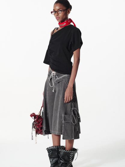 2th Desire Vintage Washed Deconstructed Camo Cargo Shorts With Bow Detail