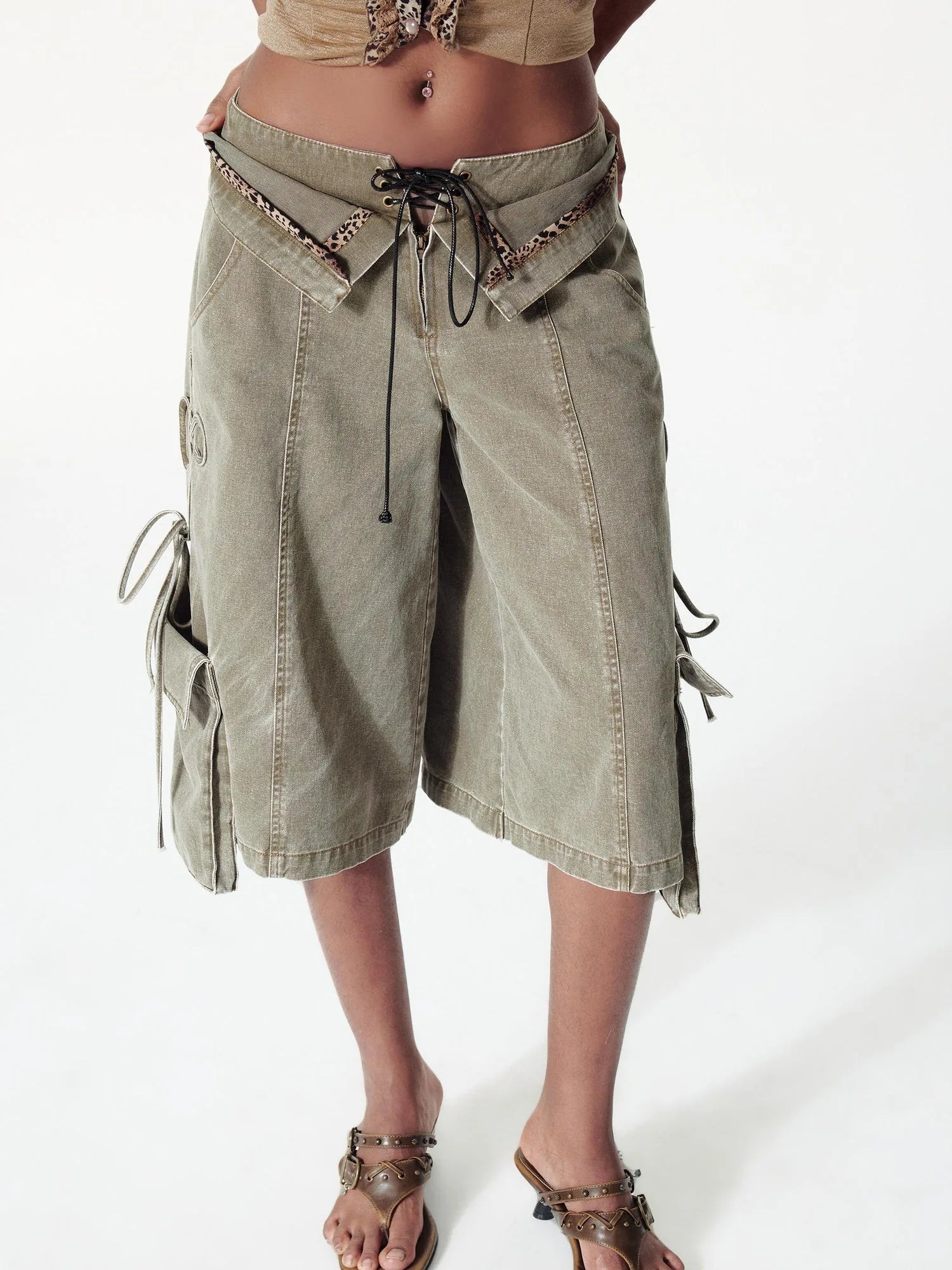 Vintage Washed Deconstructed Camo Cargo Shorts With Bow Detail