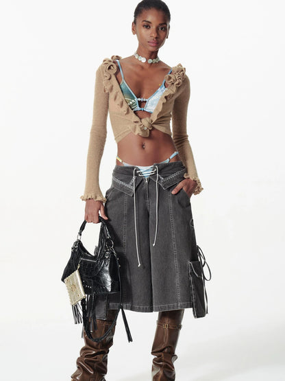 Vintage Washed Deconstructed Camo Cargo Shorts With Bow Detail