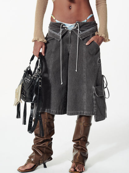 2th Desire Vintage Washed Deconstructed Camo Cargo Shorts With Bow Detail