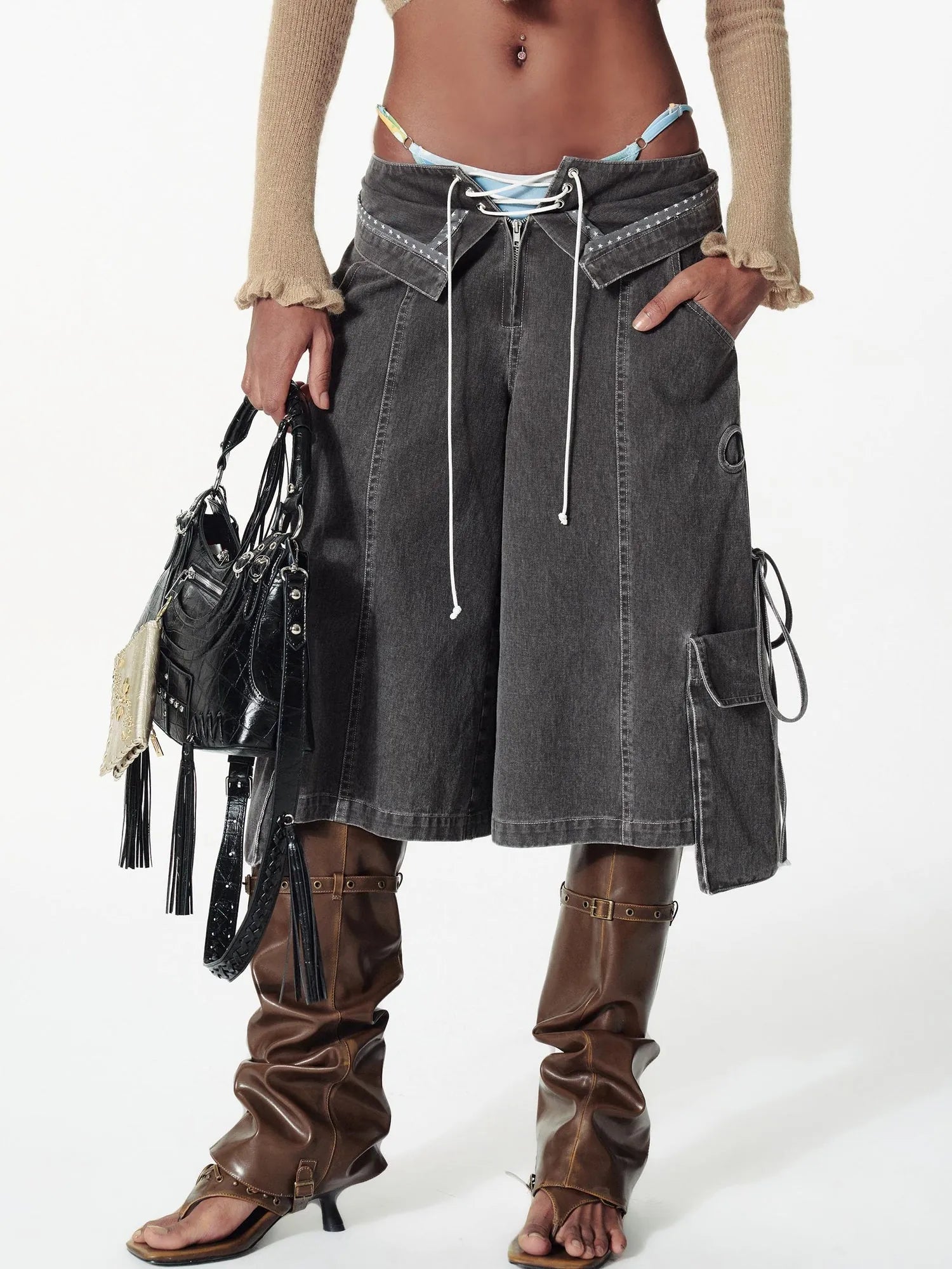 Vintage Washed Deconstructed Camo Cargo Shorts With Bow Detail