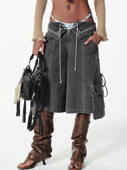 Vintage Washed Deconstructed Camo Cargo Shorts With Bow Detail