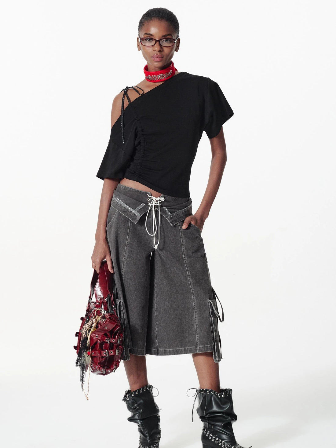 Vintage Washed Deconstructed Camo Cargo Shorts With Bow Detail