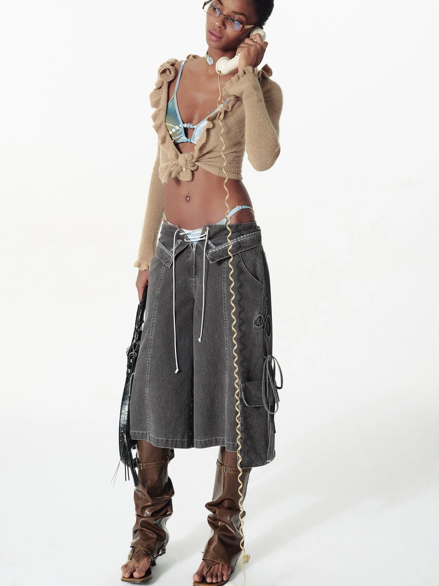 Vintage Washed Deconstructed Camo Cargo Shorts With Bow Detail