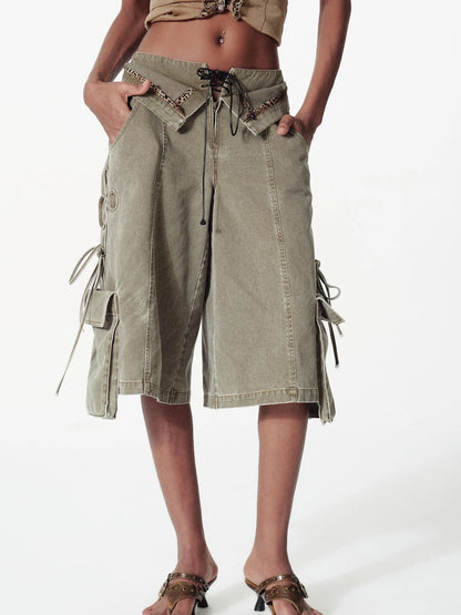 Vintage Washed Deconstructed Camo Cargo Shorts With Bow Detail