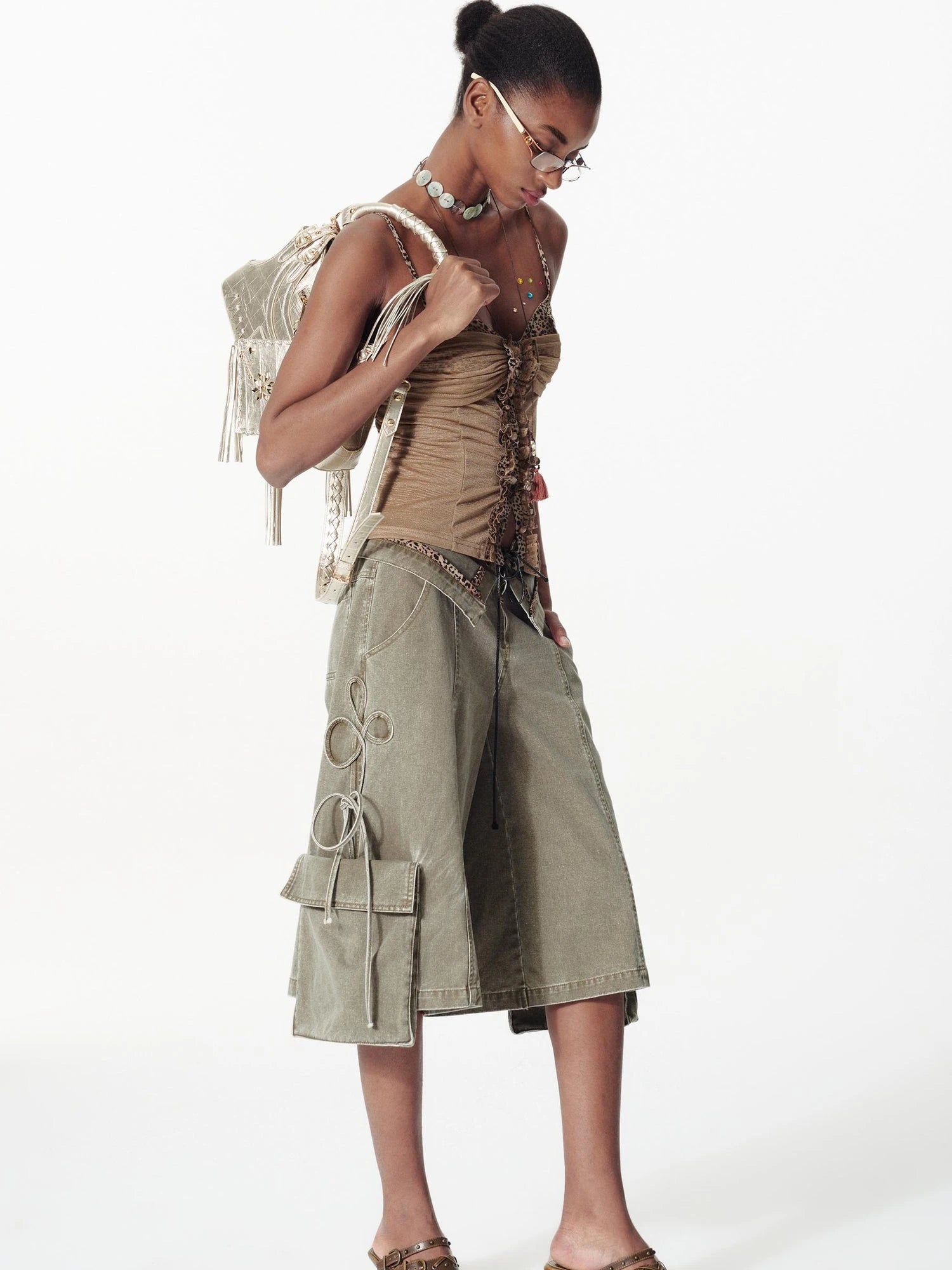 Vintage Washed Deconstructed Camo Cargo Shorts With Bow Detail