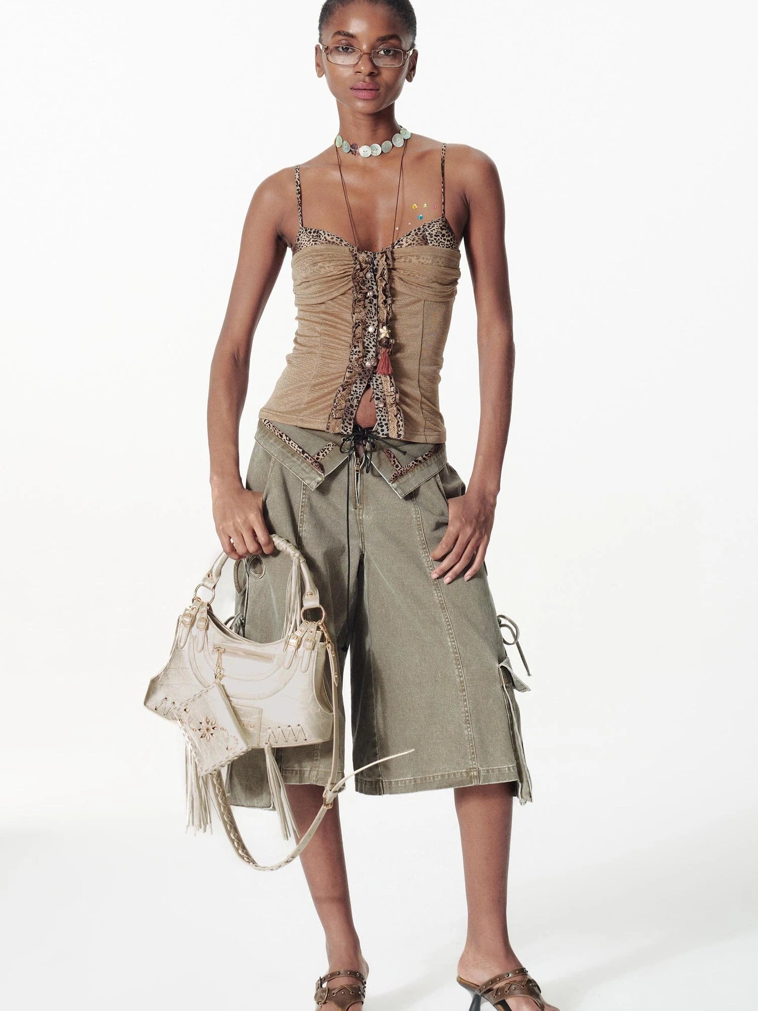 Vintage Washed Deconstructed Camo Cargo Shorts With Bow Detail