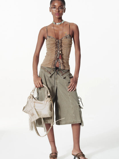 Vintage Washed Deconstructed Camo Cargo Shorts With Bow Detail