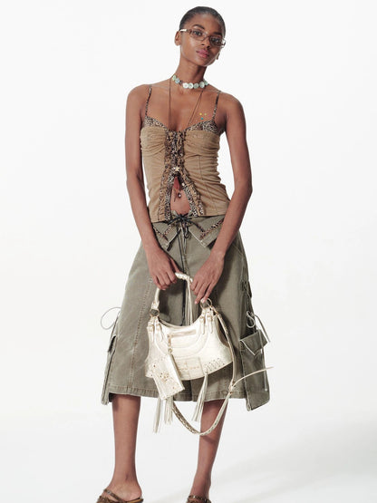 Vintage Washed Deconstructed Camo Cargo Shorts With Bow Detail