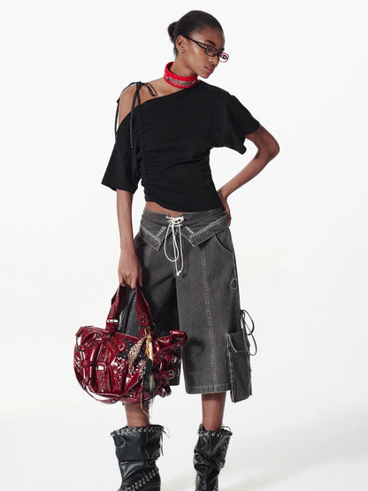 Vintage Washed Deconstructed Camo Cargo Shorts With Bow Detail