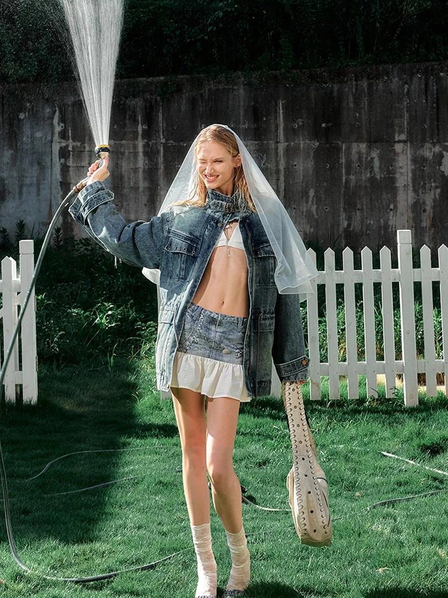 Vintage Washed Denim Jacket With Adjustable Sleeves And Belt