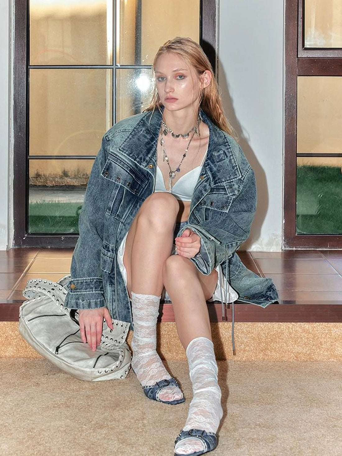 Vintage Washed Denim Jacket With Adjustable Sleeves And Belt
