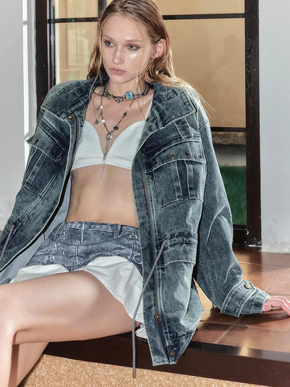 Vintage Washed Denim Jacket With Adjustable Sleeves And Belt