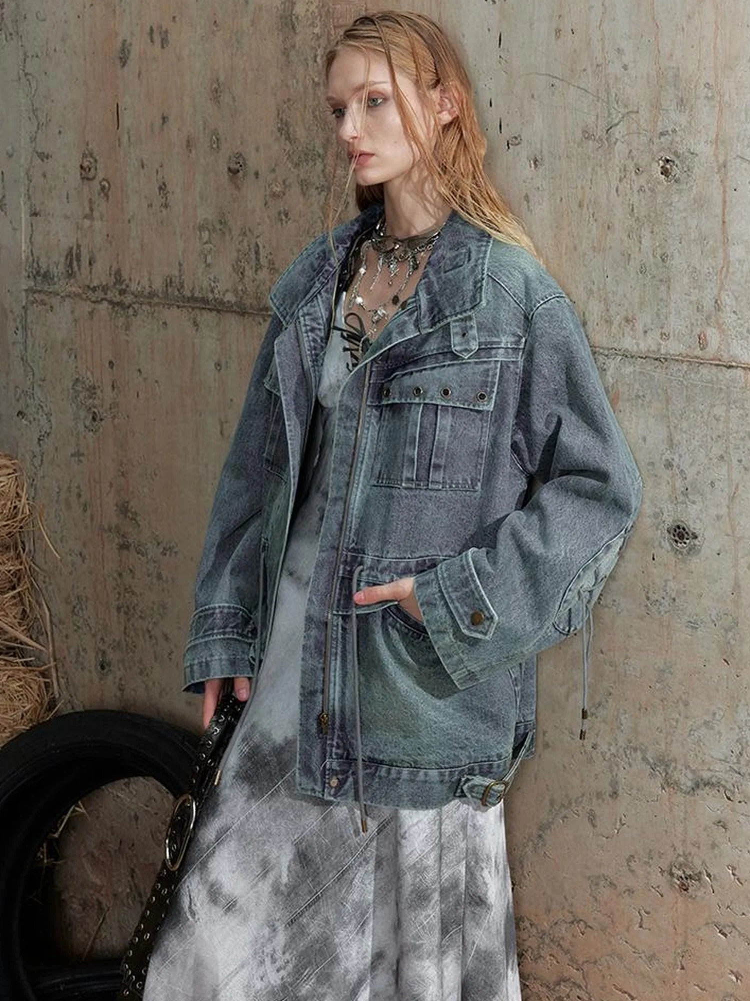 Vintage Washed Denim Jacket With Adjustable Sleeves And Belt