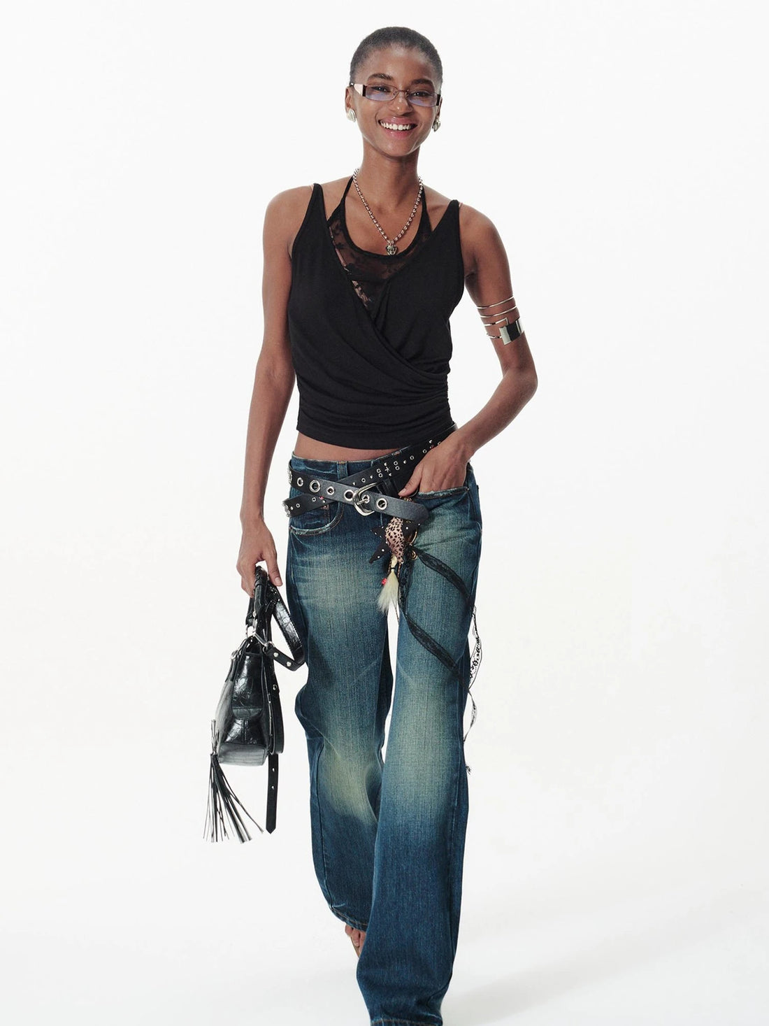 Vintage Washed Distressed Low Rise Embroidered Denim Pants
