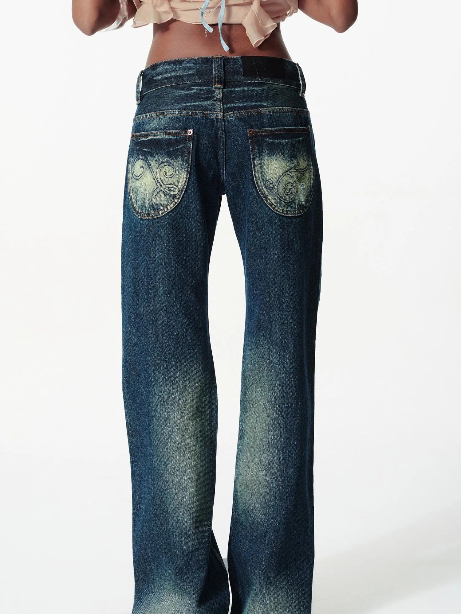 Vintage Washed Distressed Low Rise Embroidered Denim Pants