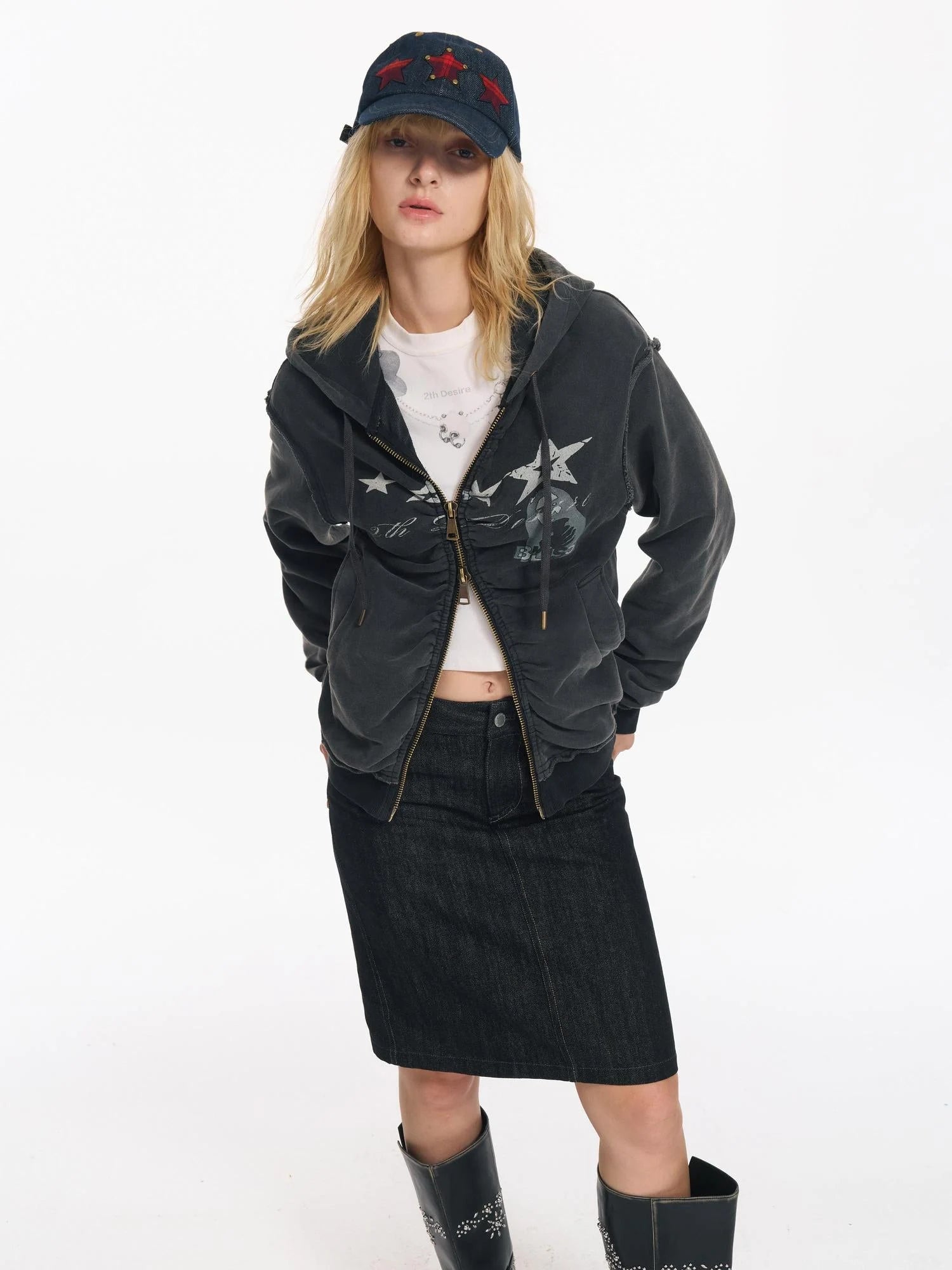 Vintage Washed Punk Print Twisted Hoodie