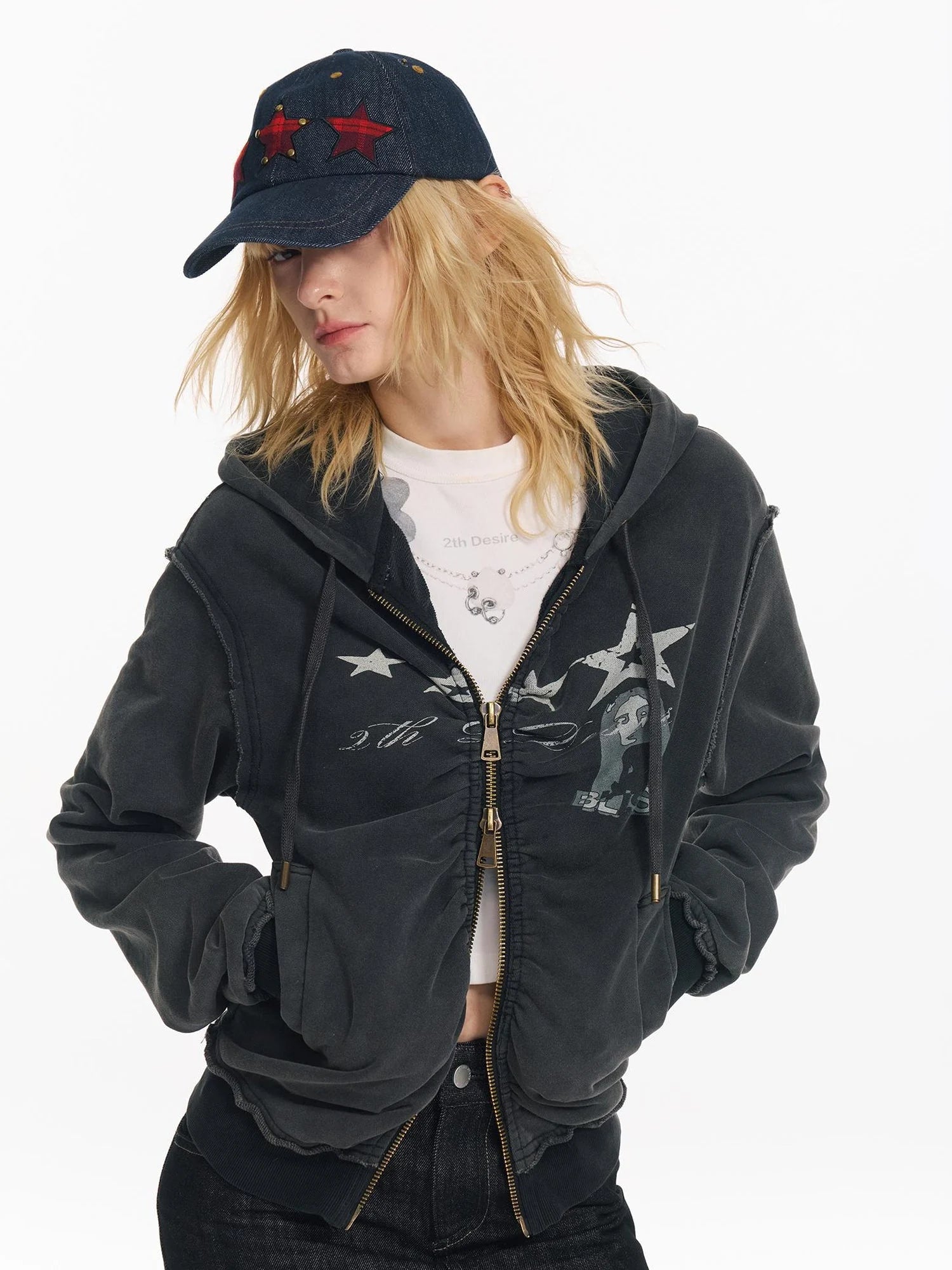 Vintage Washed Punk Print Twisted Hoodie