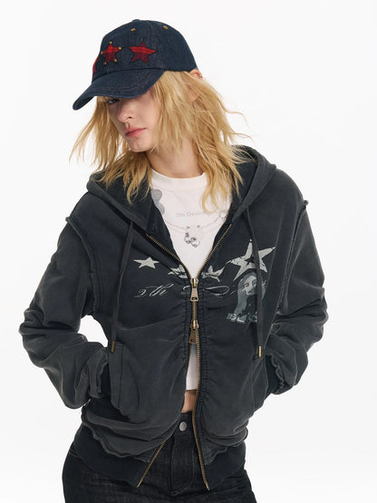 Vintage Washed Punk Print Twisted Hoodie